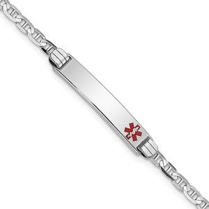 14K White Gold Nautical Medical Red Enamel Anchor Link ID Bracelet, 8"
